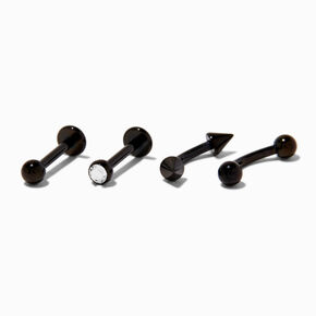 Black Titanium Cubic Zirconia 16G Spike Curved Labret Lip Studs - 4 Pack,