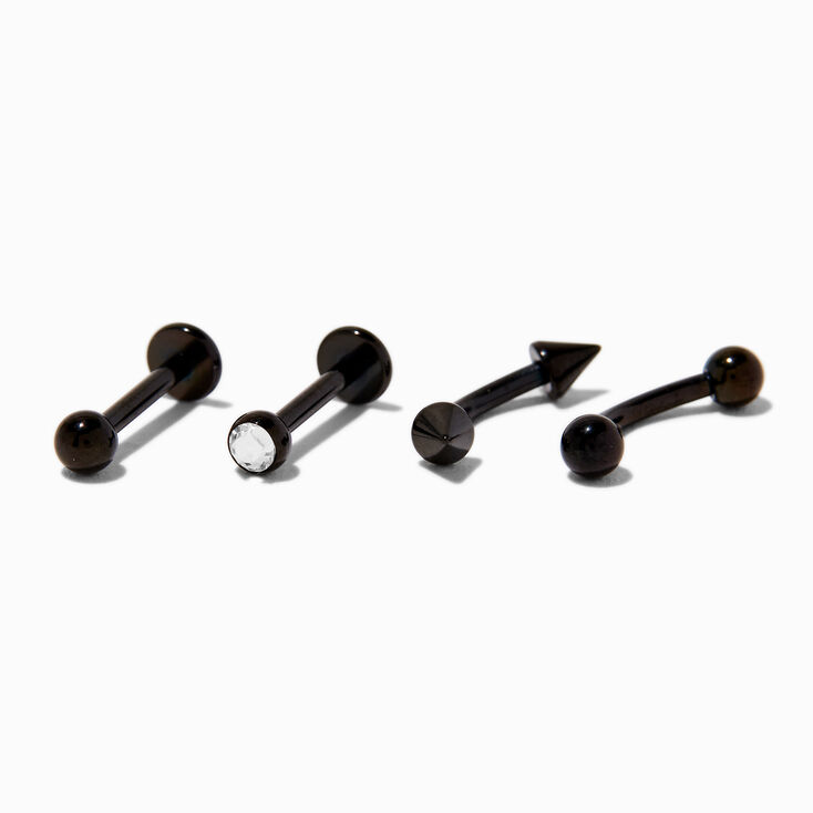 Black Titanium Cubic Zirconia 16G Spike Curved Labret Lip Studs - 4 Pack,