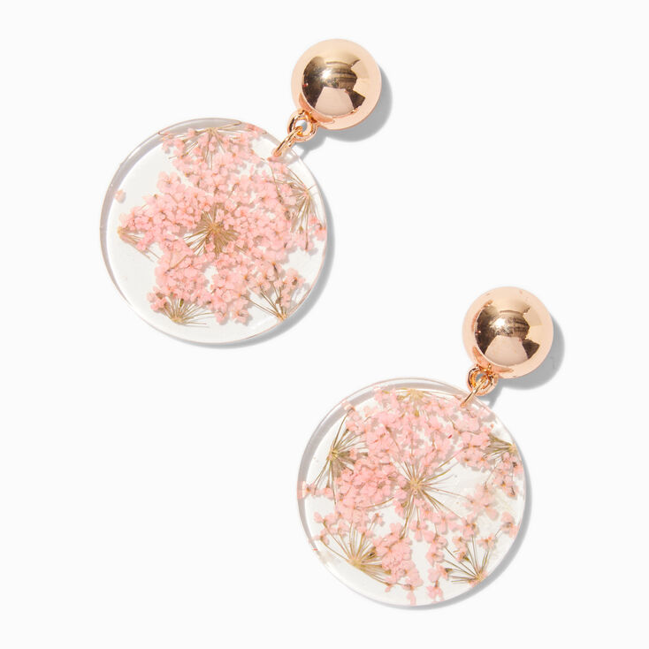 Pendantes disque en acrylique fleur s&eacute;ch&eacute;e rose,