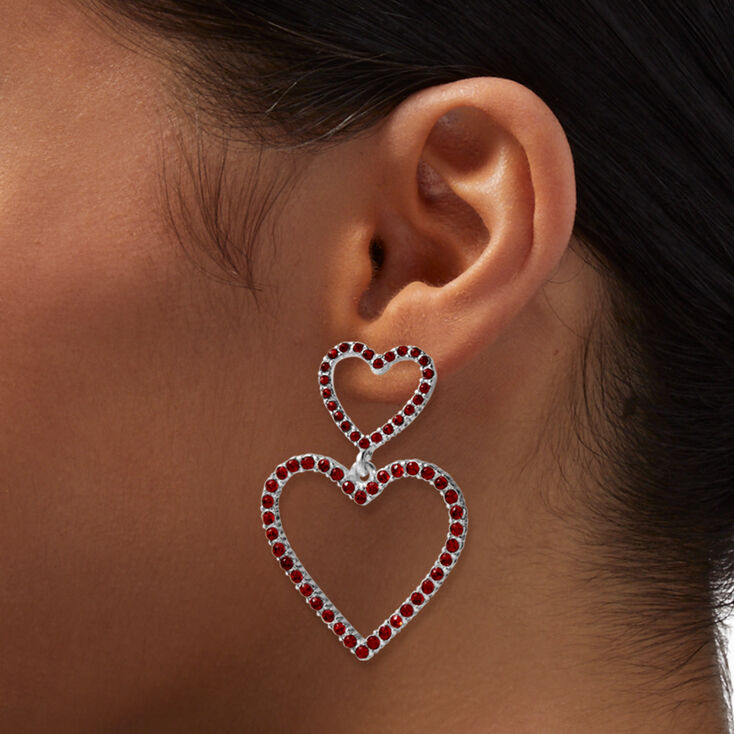 Red Gemstone Double Heart 2&rdquo; Drop Earrings,