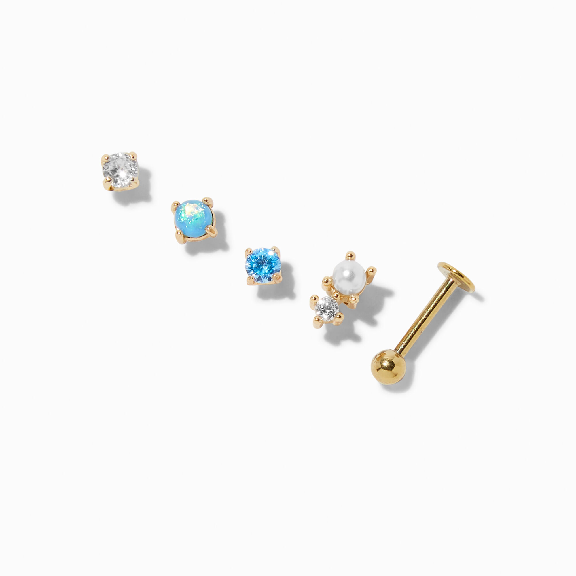 View Claires Tone Stainless Steel 16G Aqua Changeable Tragus Flat Back Earrings 5 Pack Gold information