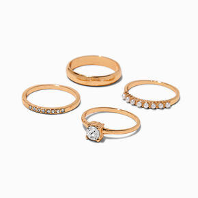 Gold-tone Cubic Zirconia Pearl Rings Stack - 4 Pack ,