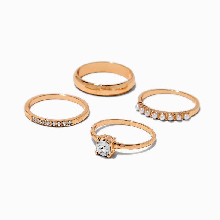 Gold-tone Cubic Zirconia Pearl Rings Stack - 4 Pack ,