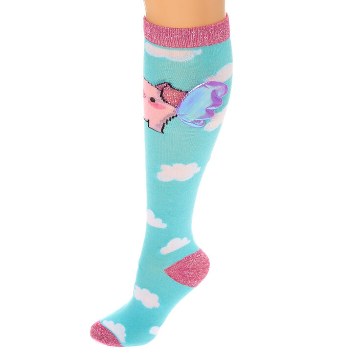 3D Pig Wings Knee High Socks - Turquoise,