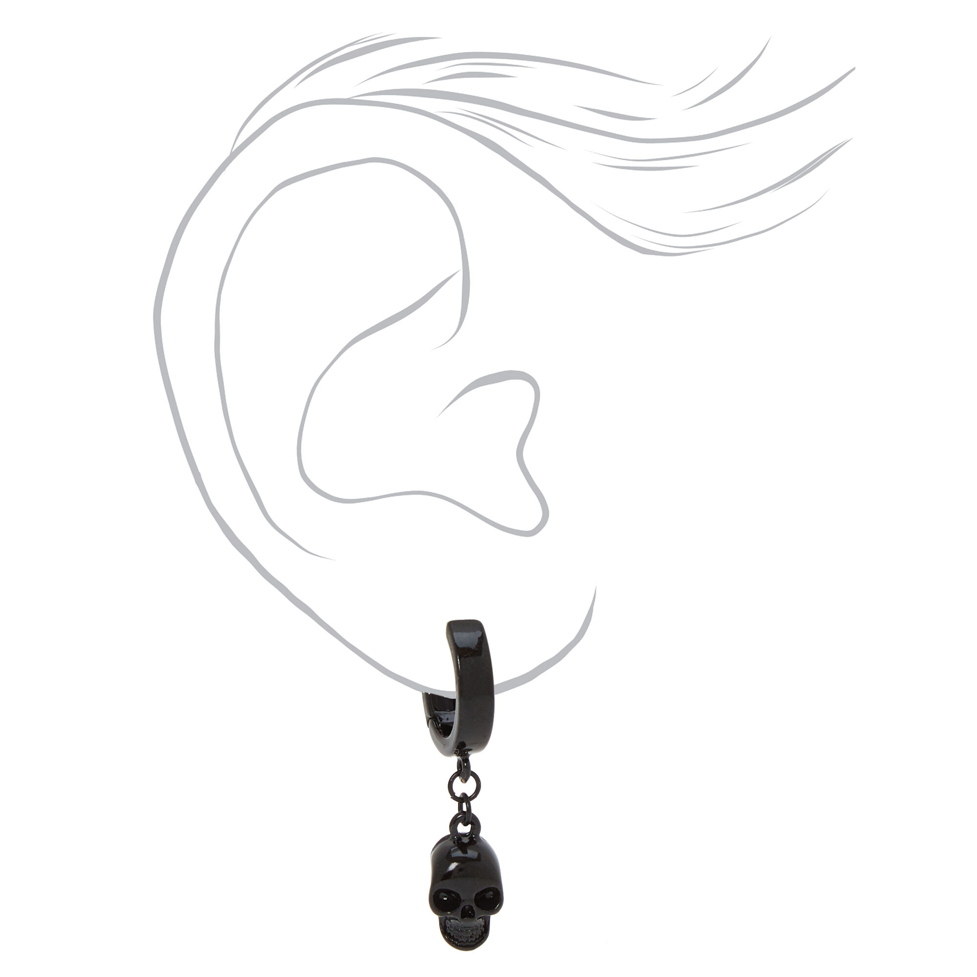 Black Skull 15mm Huggie Hoop Earrings,