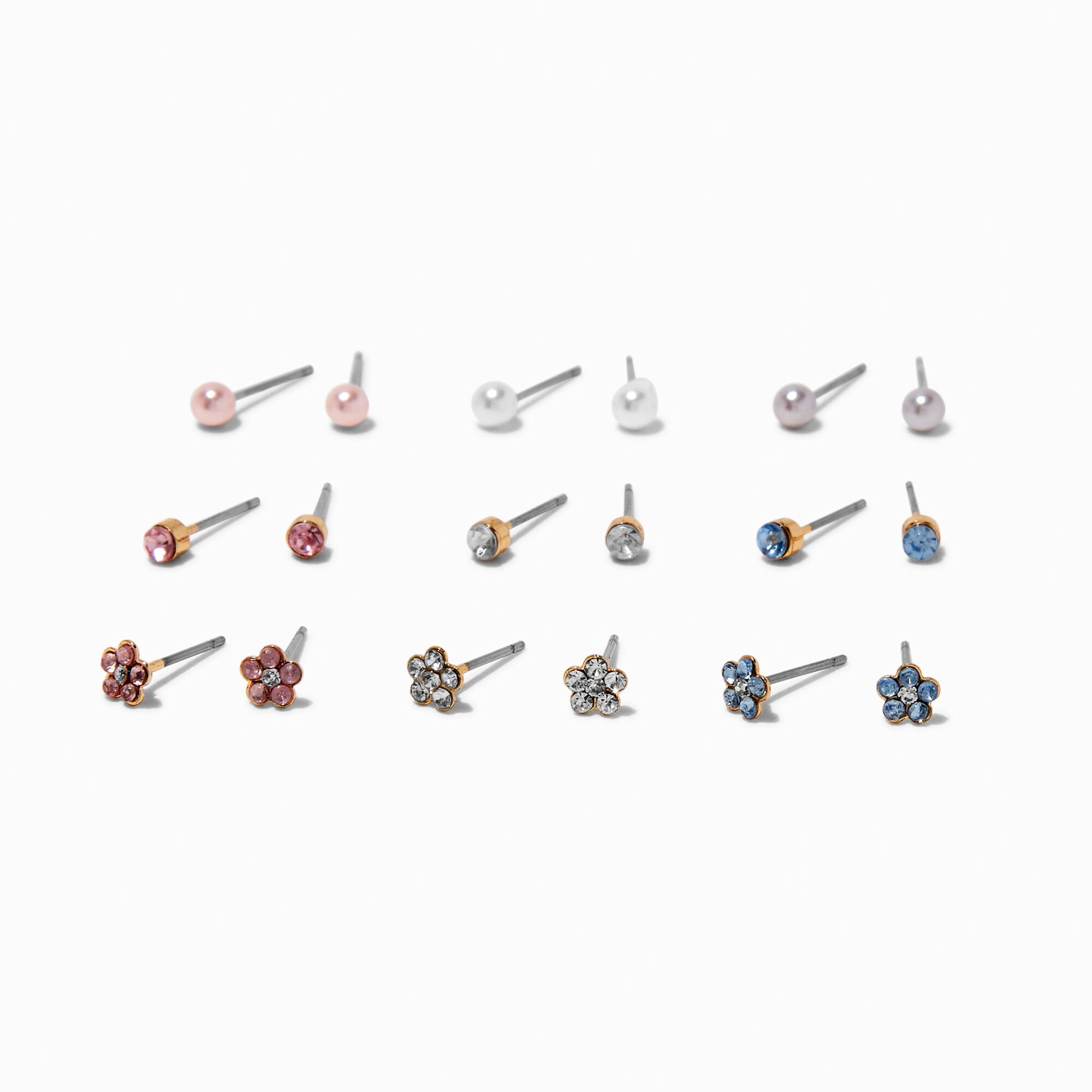 Rainbow Crystal, Flower & Pearl Stud Earrings - 9 Pack,