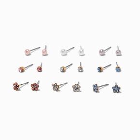 Rainbow Crystal, Flower &amp; Pearl Stud Earrings - 9 Pack,