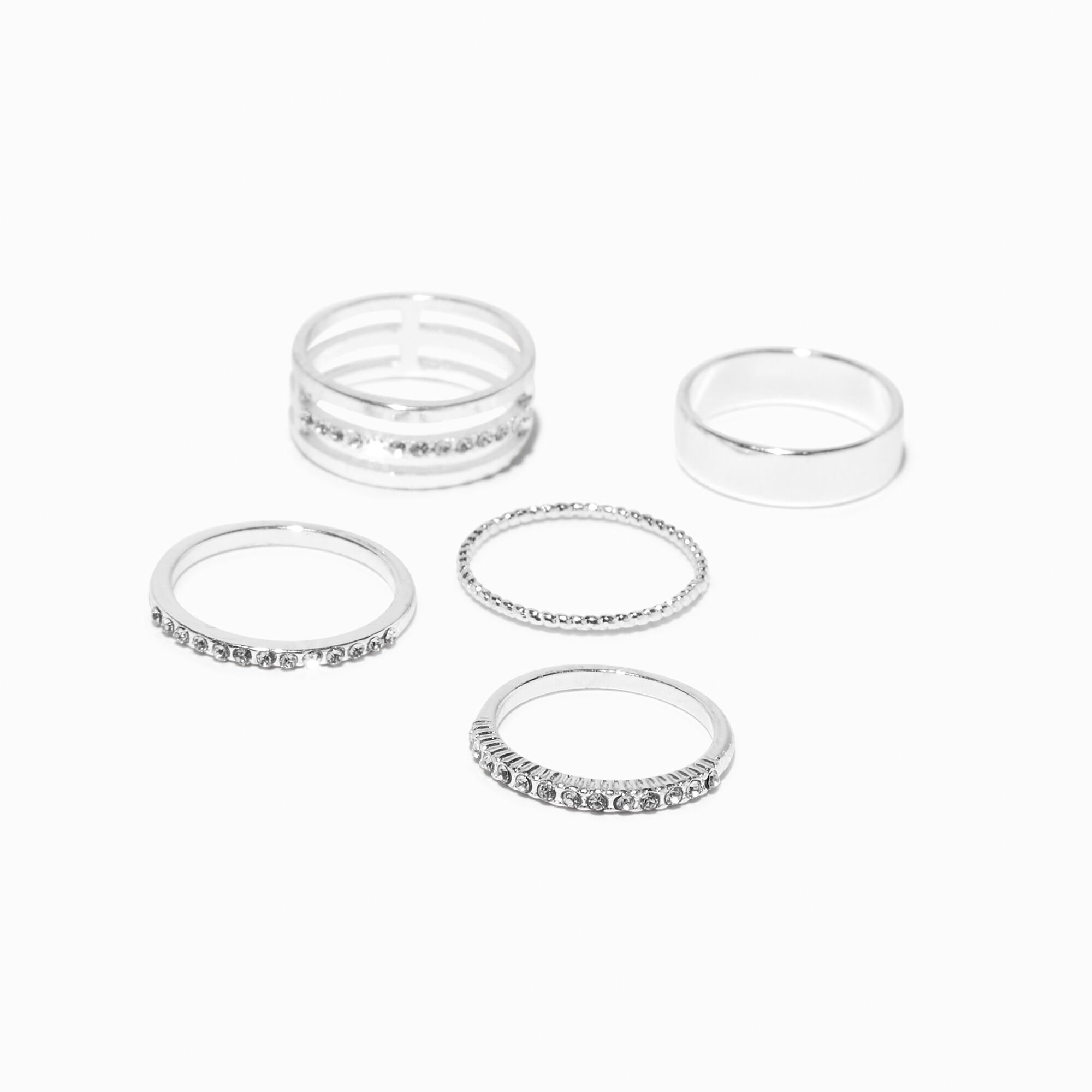 View Claires Studded Band Rings 5 Pack Silver information