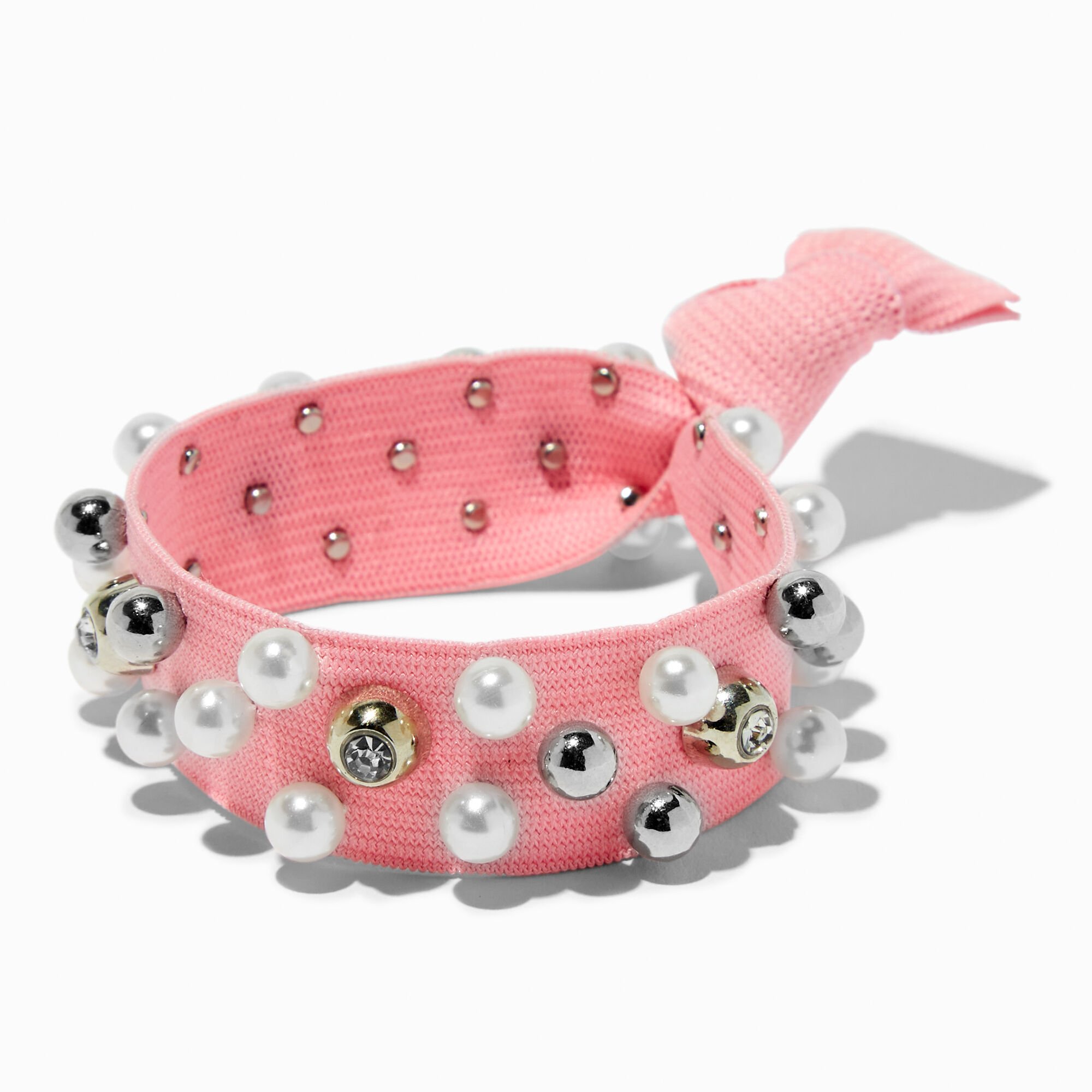 View Claires PearlEmbellished Blush Hair Tie Pink information
