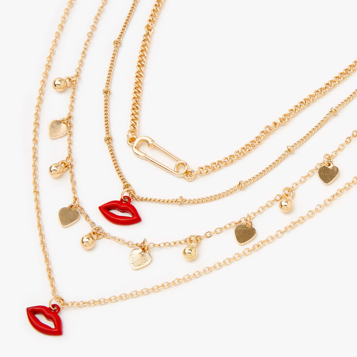 Gold Hearts &amp; Lips Multi Strand Necklace,