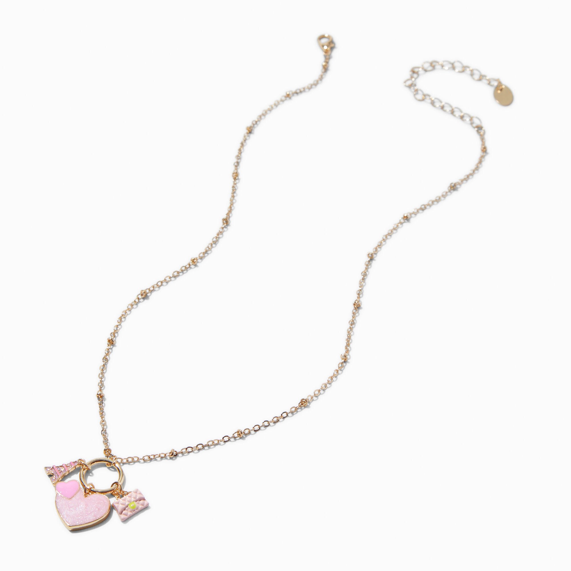 Pink Heart Cluster Charm Pendant Necklace,
