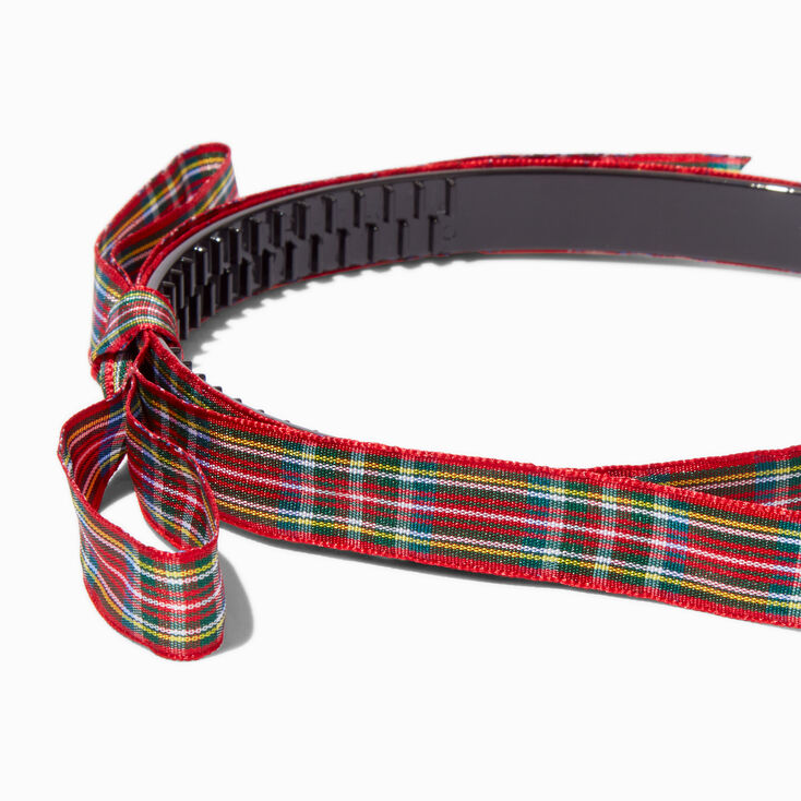 Red &amp; Green Plaid Skinny Ribbon Bow Headband,