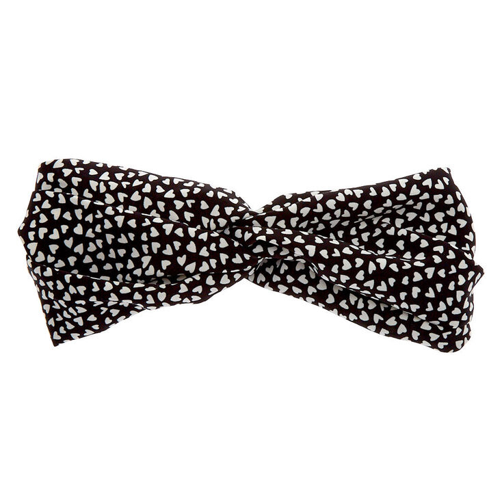 Bandeau torsad&eacute; &agrave; motif pois et c&oelig;urs noir et blanc,