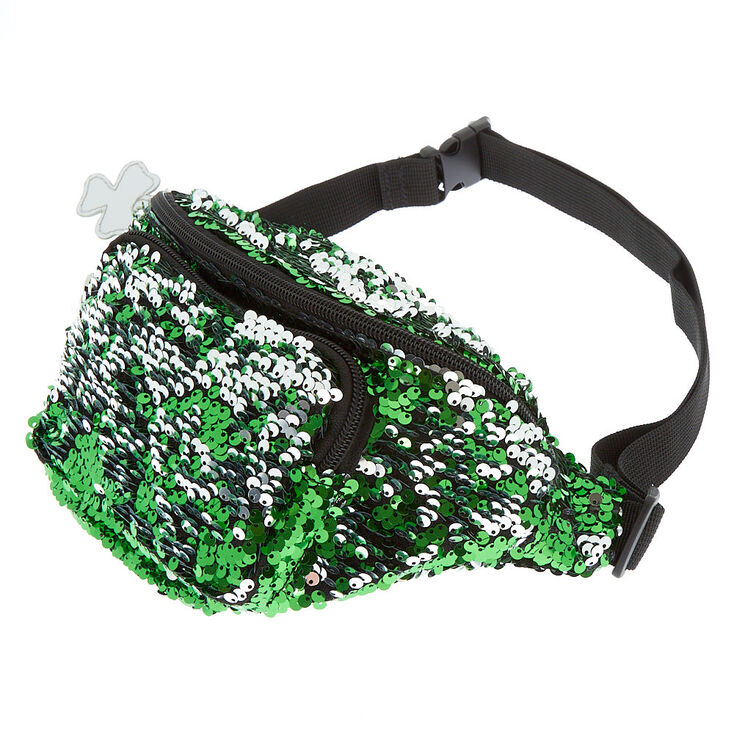 Sac banane vert avec tr&egrave;fle et sequins r&eacute;versibles,