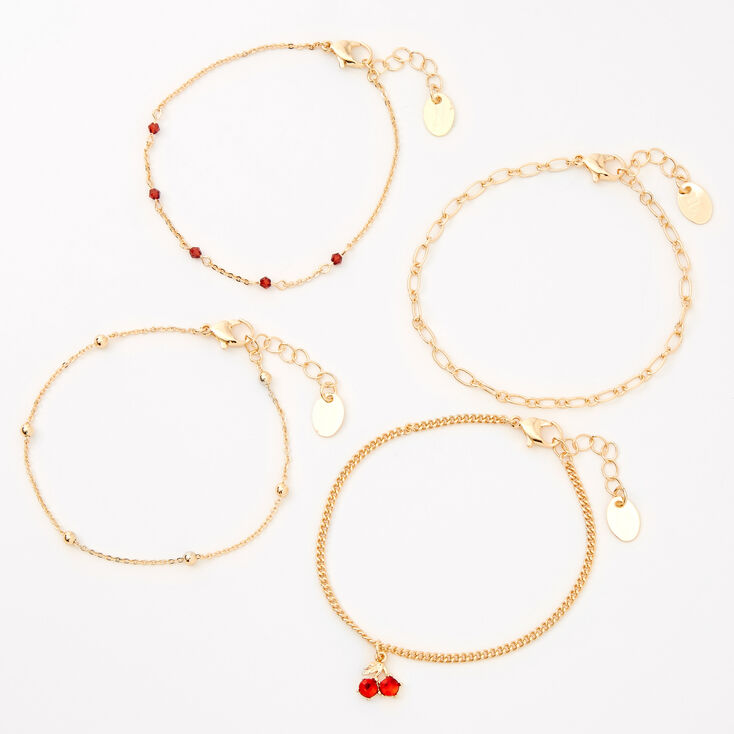 Gold Cherry Beaded Chain Bracelets - Red, 4 Pack,