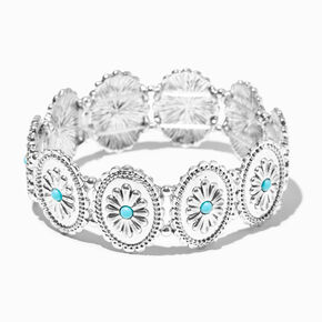 Silver-tone Round Filigree Turquoise Flower Medallion Cowgirl Stretch Bracelet,