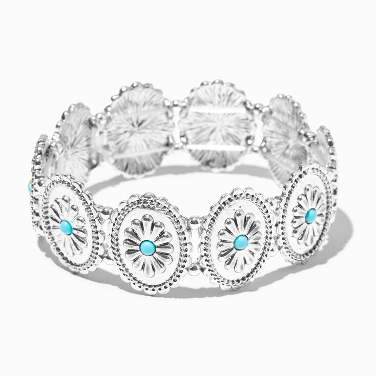 Silver-tone Round Filigree Turquoise Flower Medallion Cowgirl Stretch Bracelet,