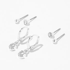 Silver Embellished Initial Huggie Hoop &amp; Stud Earrings - 3 Pack, C,
