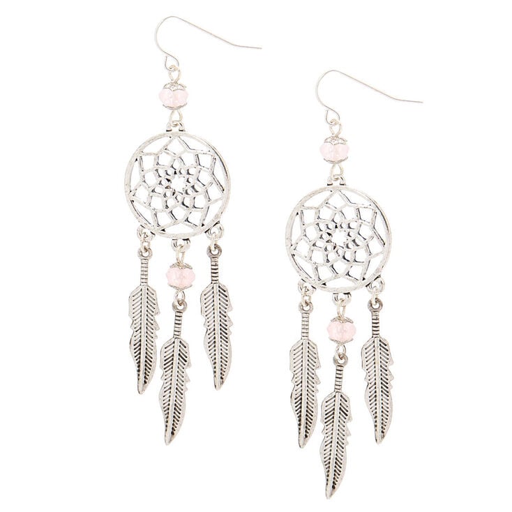 Silver 2.5&quot; Bead Dreamcatcher Drop Earrings - Pink,