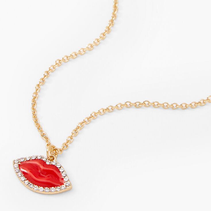 Embellished Red Lips 16" Gold Pendant Necklace
