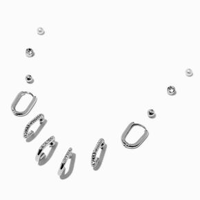 Silver-tone Oval Hoop Earring Stackables Set - 6 Pack,