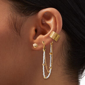 Gold-tone Coastal White Connector Cuff Earrings Stackables - 5 Pack,