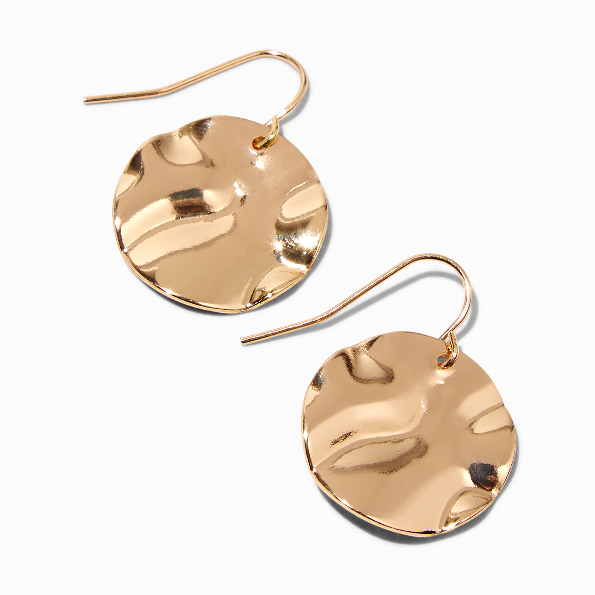 View Claires Tone Hammered Disc 1 Drop Earrings Gold information