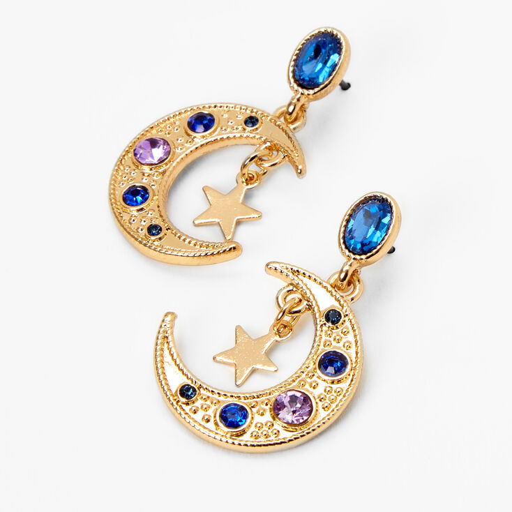 Gold 1&quot; Crescent Moon Star Drop Earrings - Blue,