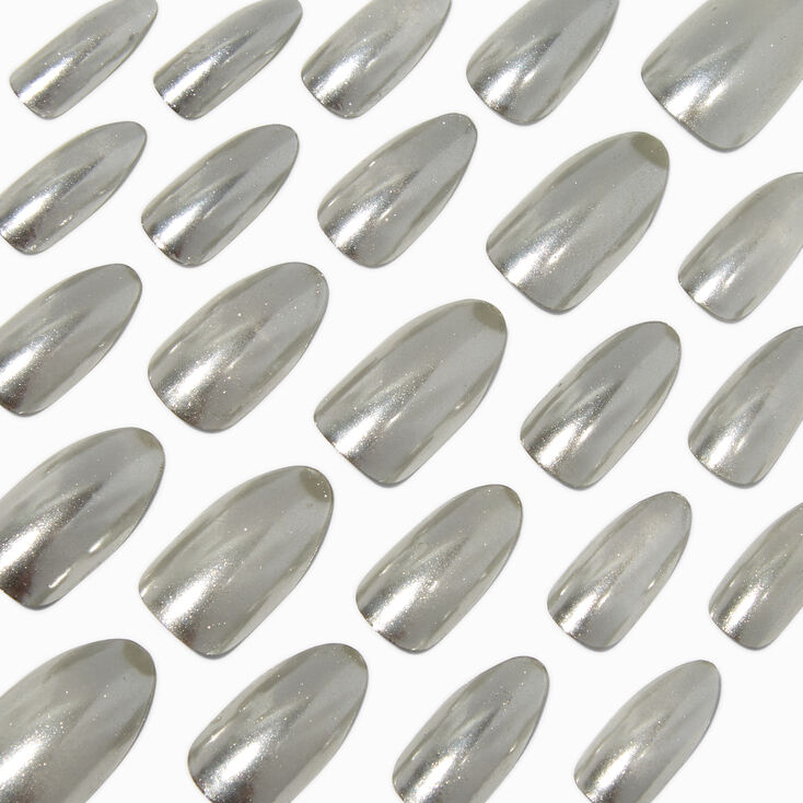 Silver Glazed Stiletto Vegan Faux Nail Set - 24 Pack,