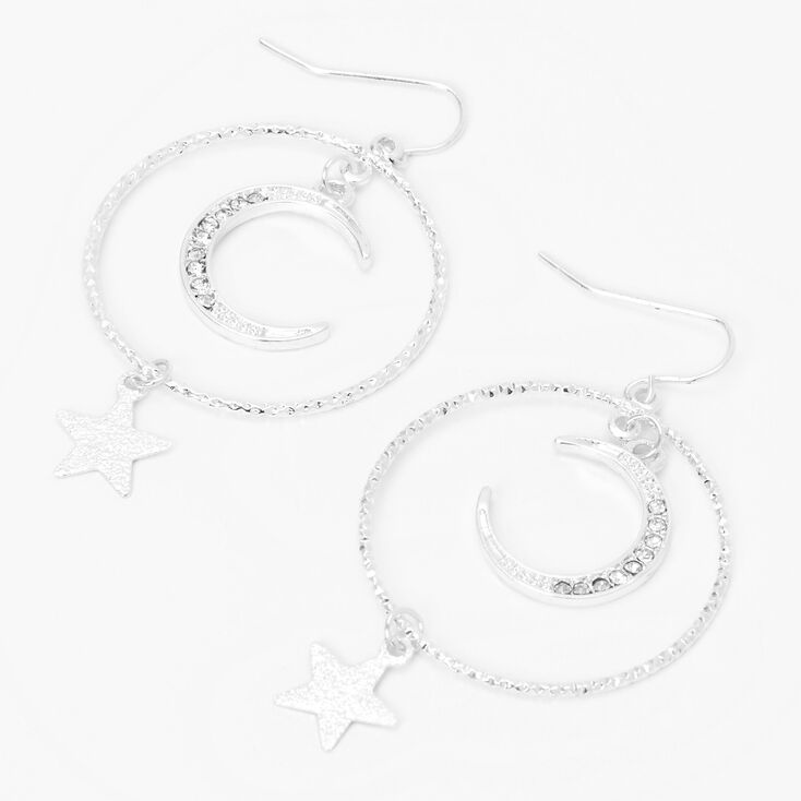 Silver 2.5&quot; Crescent Moon Star Hoop Earrings,
