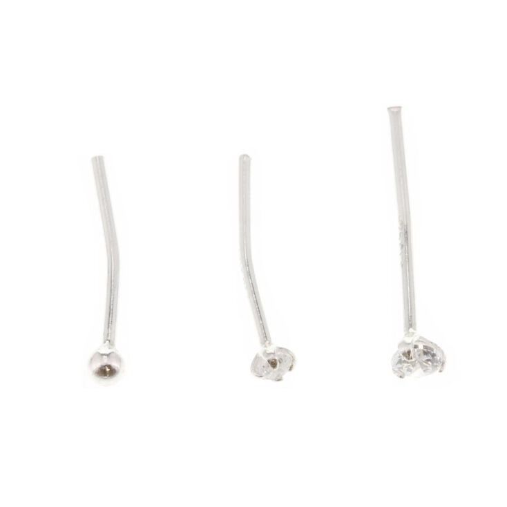 Sterling Silver Crystal Ball Mixed Nose Studs - 3 Pack,