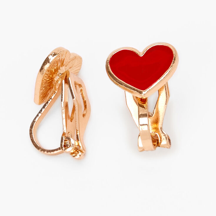 Gold Heart Clip On Earrings - Red