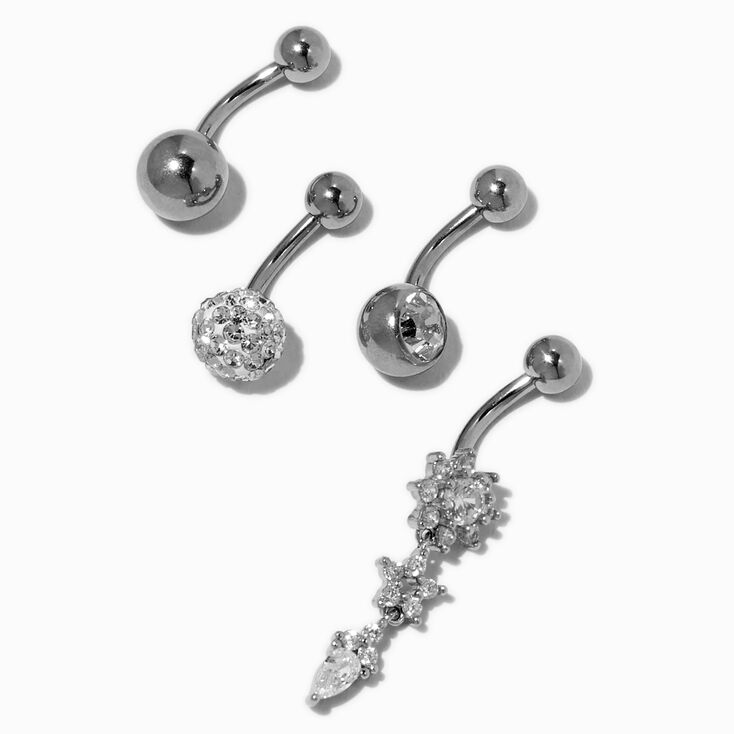 Silver-tone Stainless Steel Cubic Zirconia Fireball Star 14G Belly Bars - 4 Pack,