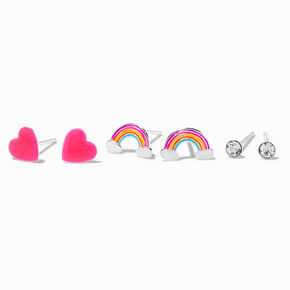 Sterling Silver Heart &amp; Rainbow Stud Earrings - 3 Pack,