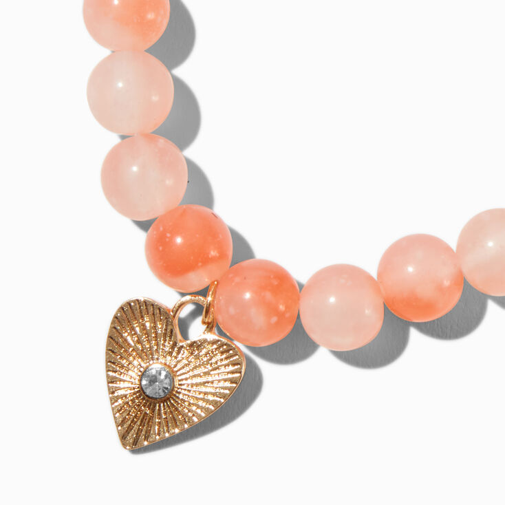 Gold-tone Textured Heart Charm Beaded Stretch Bracelet,