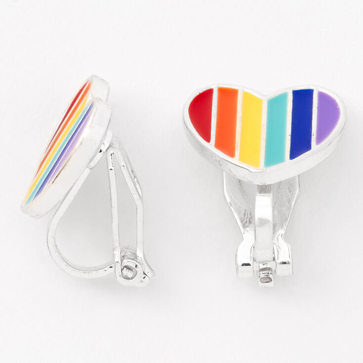 Silver Rainbow Heart Clip On Stud Earrings,