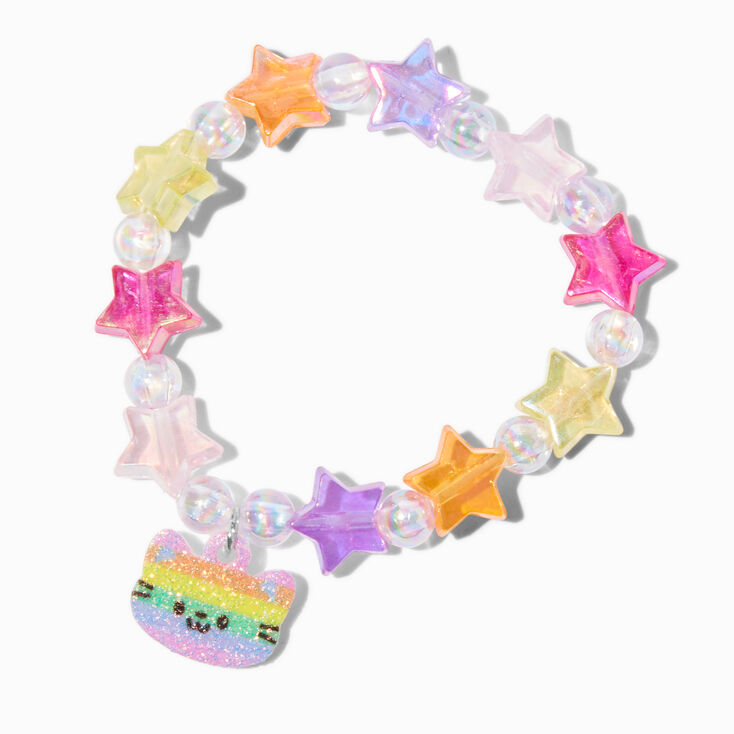 Claire&#39;s Club Rainbow Cat Charm Star Beaded Stretch Bracelet,