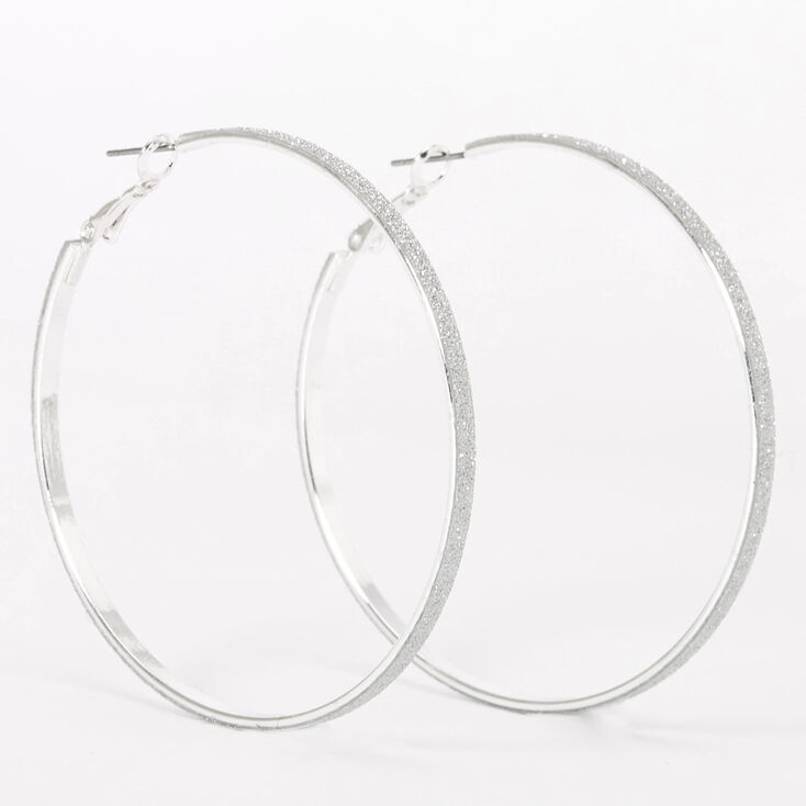 Silver-tone Glitter Thin 60mm Hoop Earrings,
