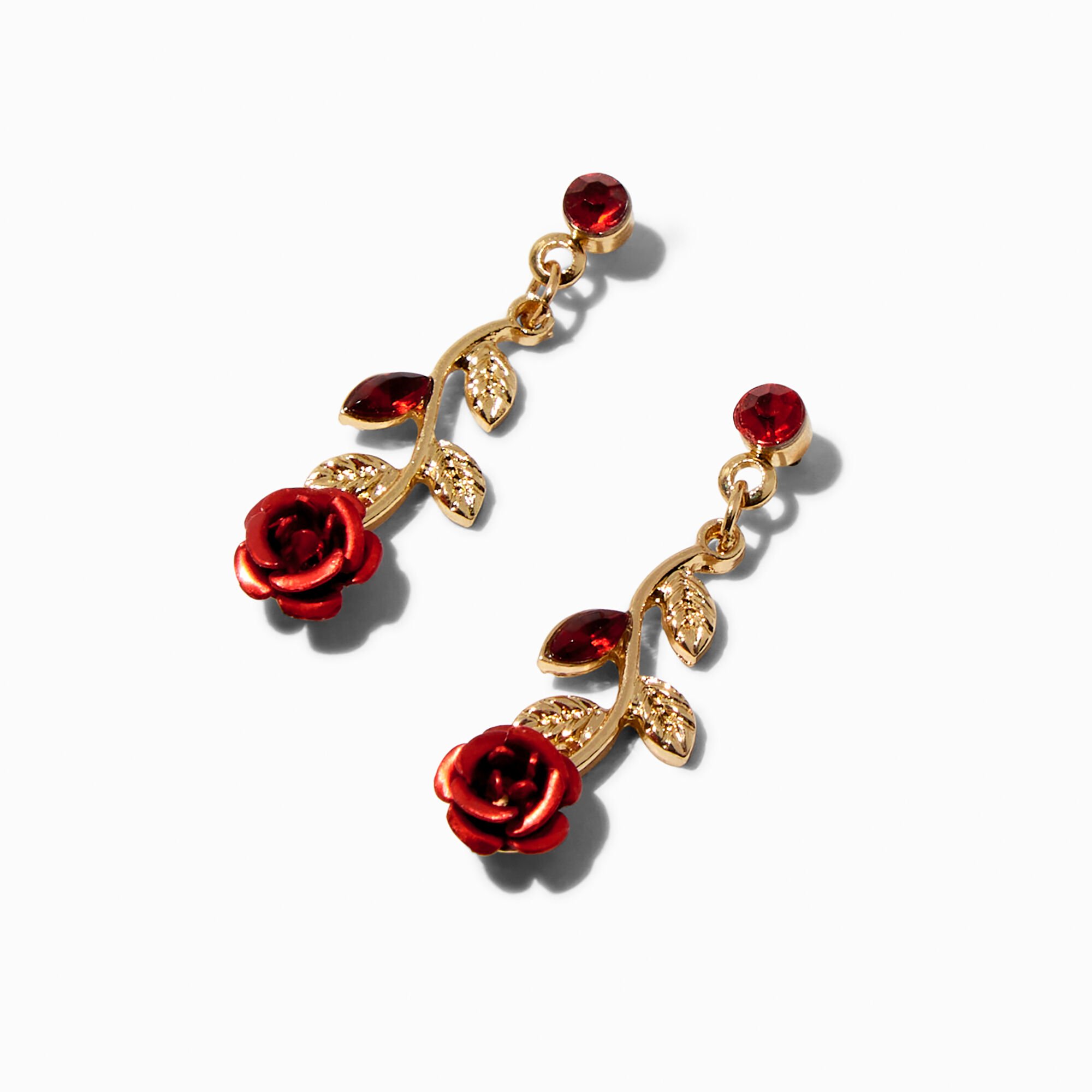 Long Stemmed Red Rose 1 Drop Earrings Claire s US