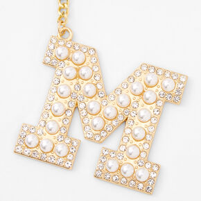 Gold Bling Initial Pom Pom Keychain - White, M,