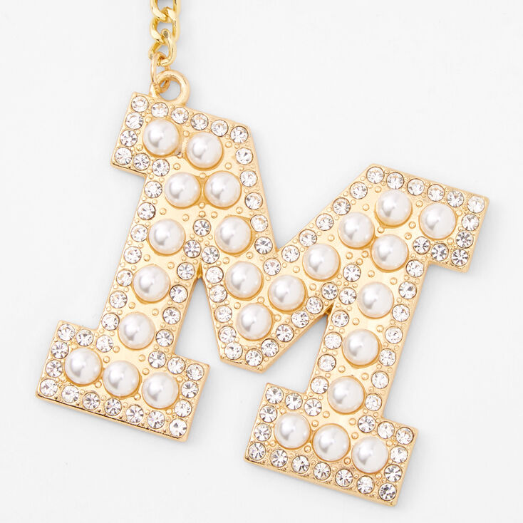 Gold Bling Initial Pom Pom Keychain - White, M,