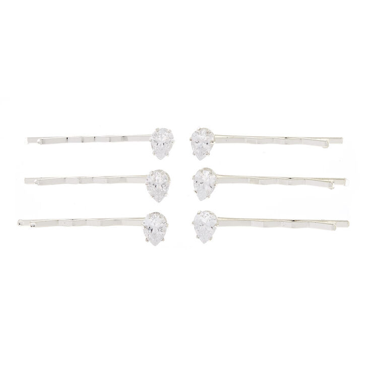 Silver-tone Cubic Zirconia Teardrop Hair Pins - 6 Pack,