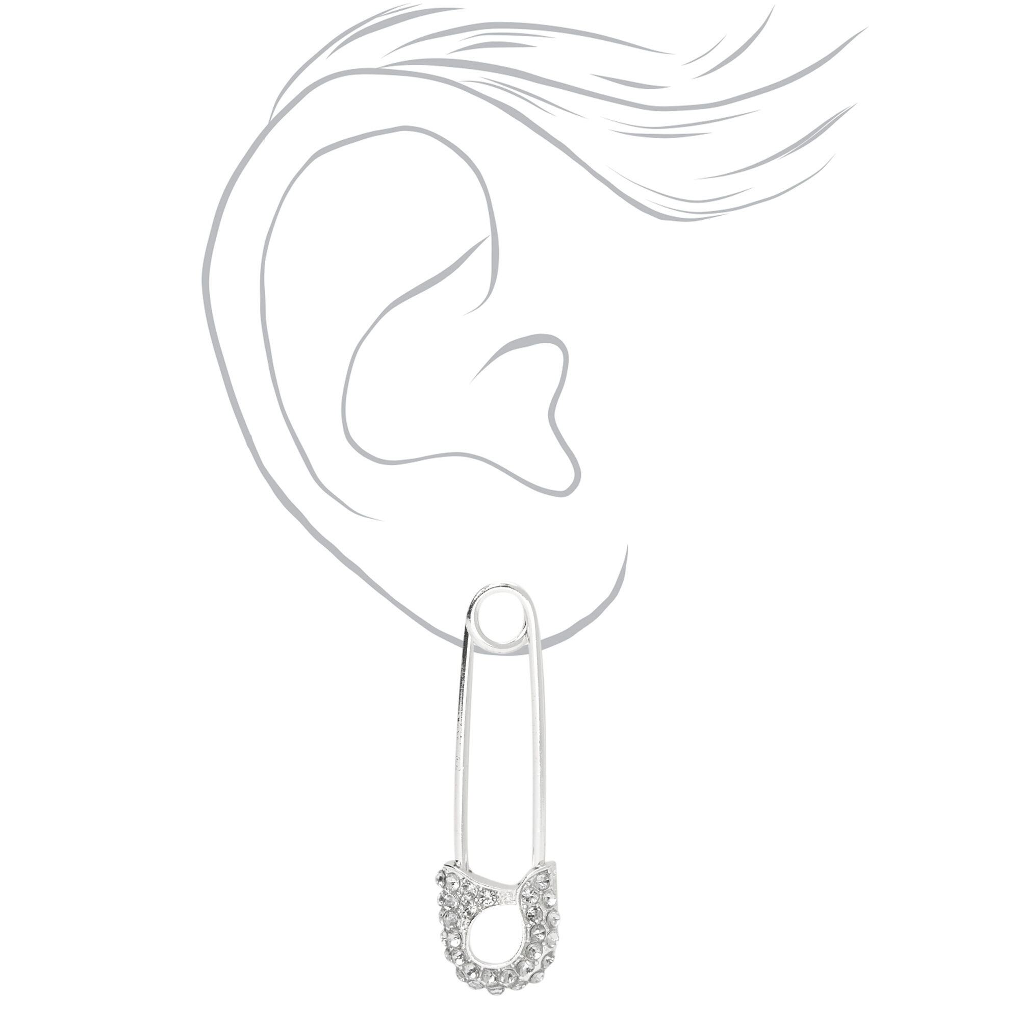 Silver 2" Dainty Safety Pin Drop Earrings,