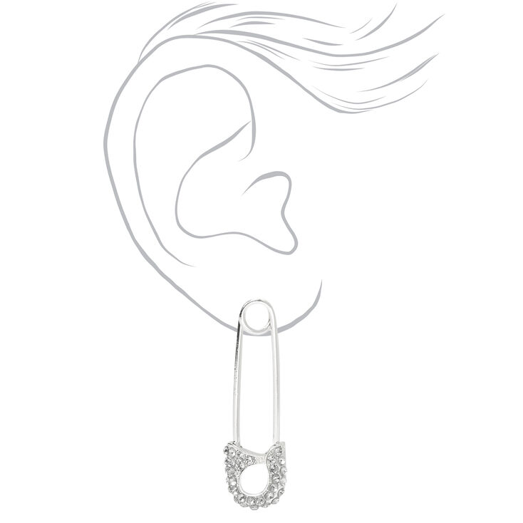 Silver 2&quot; Dainty Safety Pin Drop Earrings,