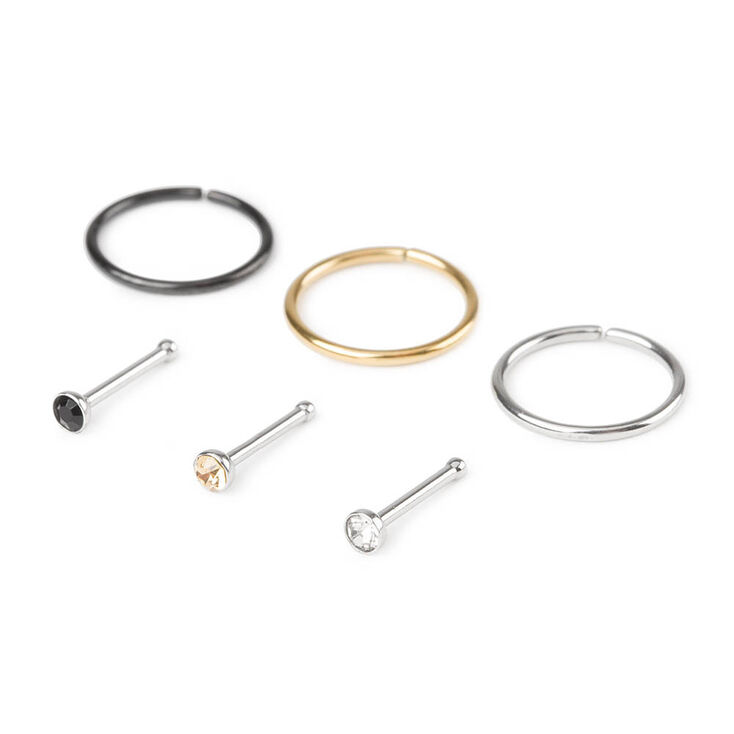 20G Mixed Metal Stainless Steel Hoops &amp; Crystal Nose Studs - 6 Pack,