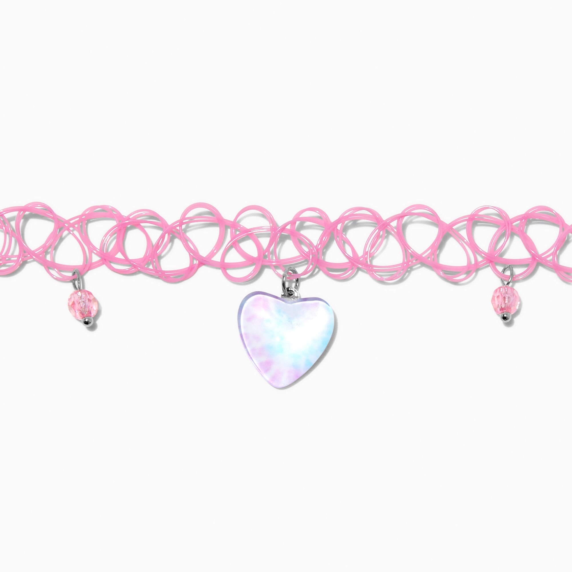 Blue Tie Dye Heart Charm Pink Tattoo Choker Necklace,