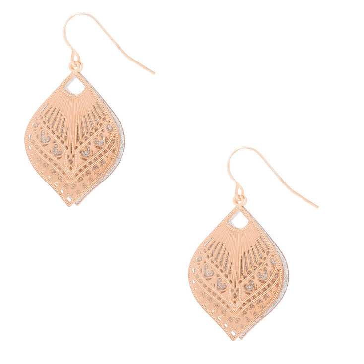 Rose Gold 1&quot; Glitter Filigree Drop Earrings,