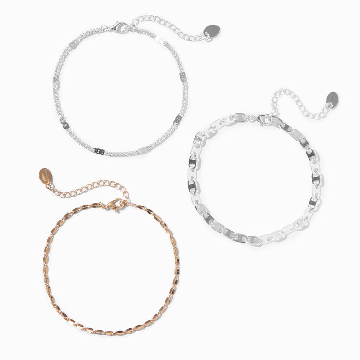 Silver &amp; Gold Mixed Chain Anklets - 3 Pack,