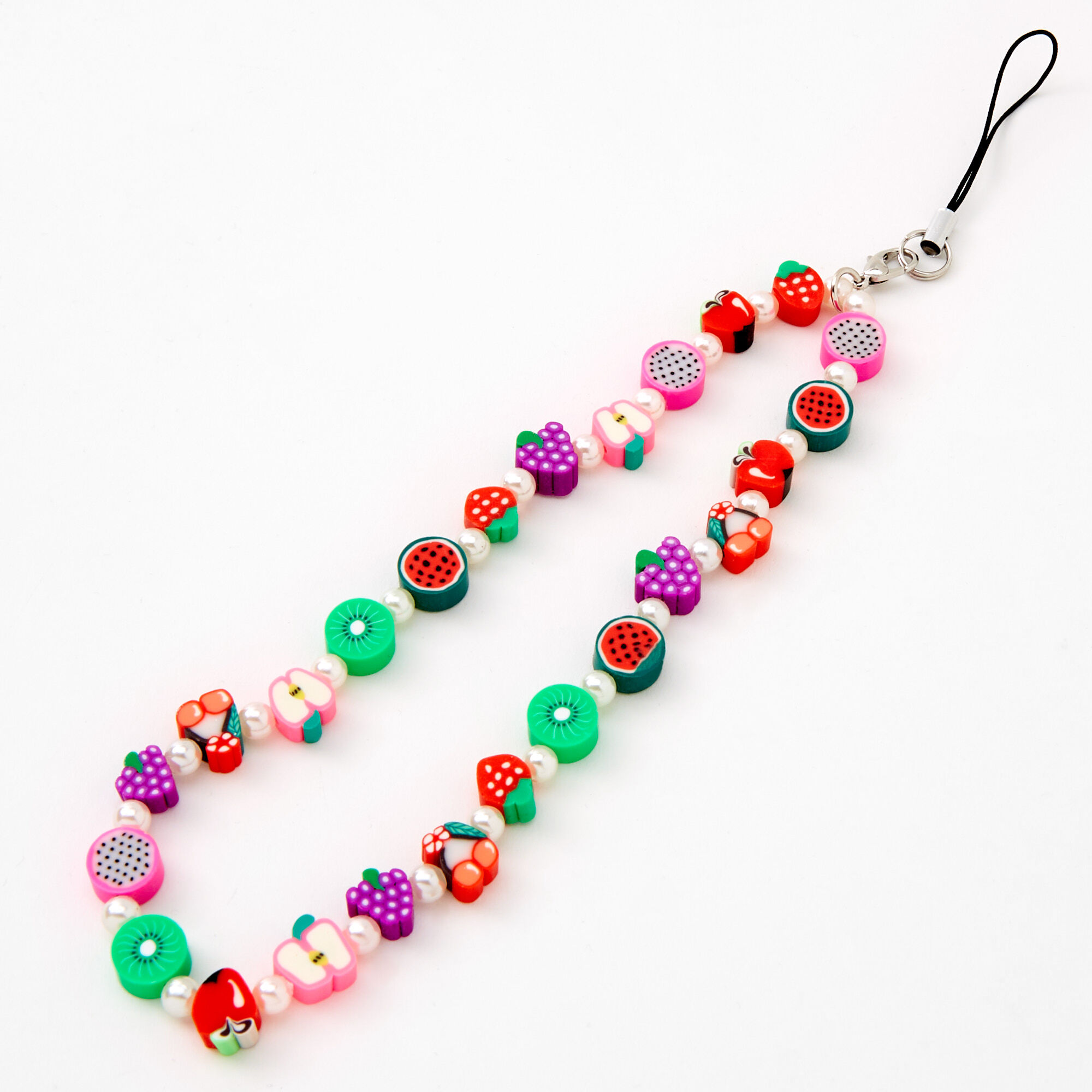 View Claires Mixed Fruit Pearl Phone Strap Rainbow information