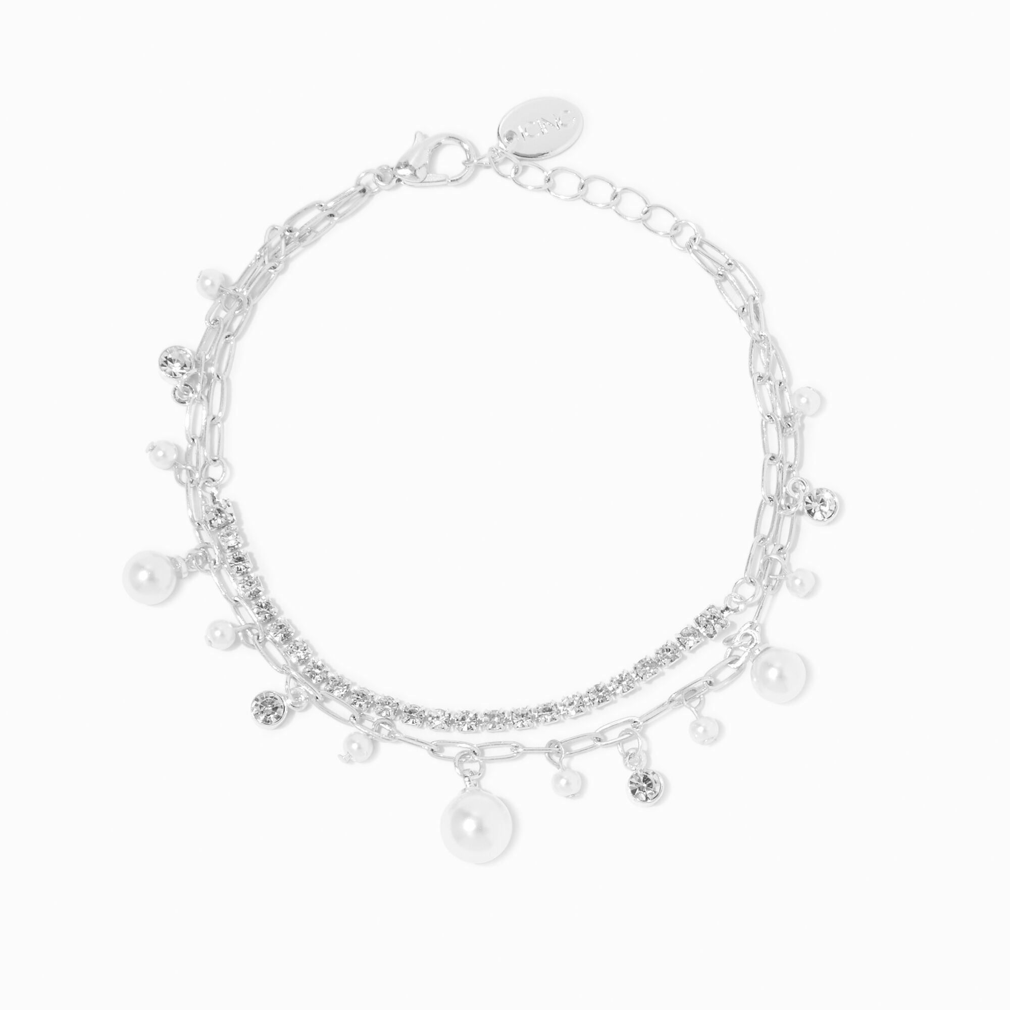 View Claires Pearl Crystal Tone Paperclip Chain Bracelet Silver information